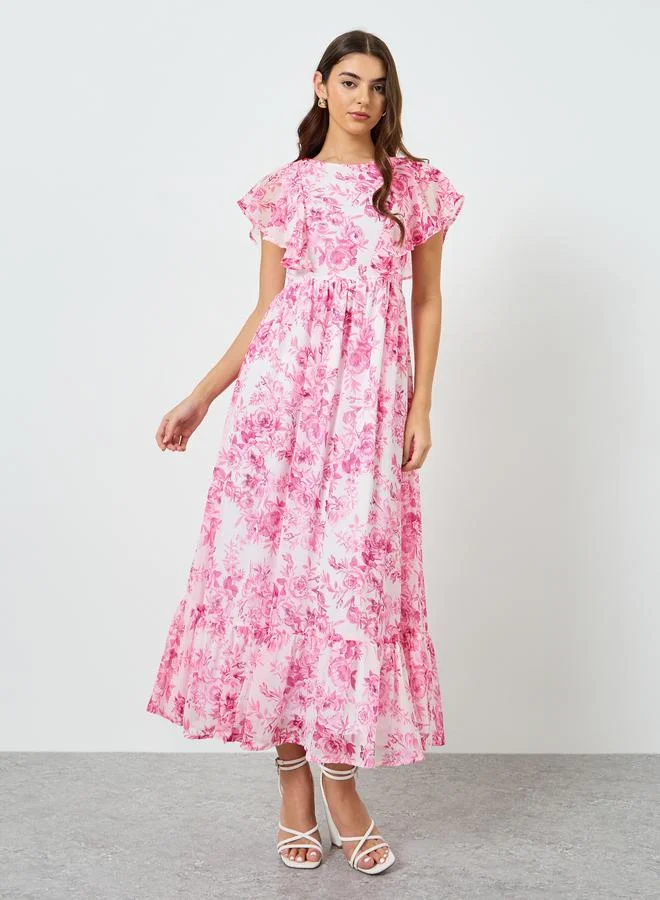 Styli Women Pink Floral Print Ruffled Sleeves Maxi Dress